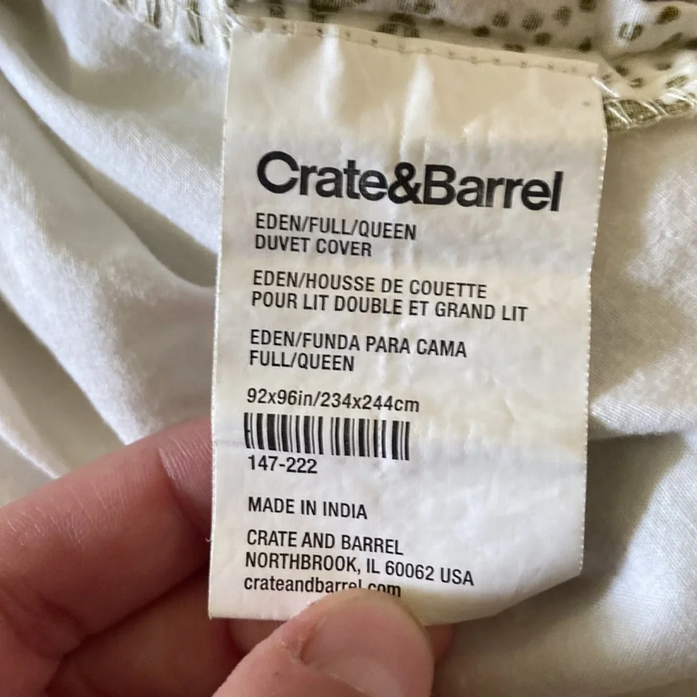 Crate&Barrel Duvet Cover and Shams Set Olive Green Trees and Leaves.